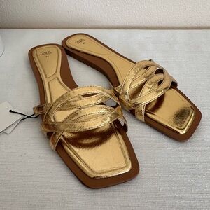 New ZARA Gold Squared Toe Flat Slide Sandals Women’s EU41 US10